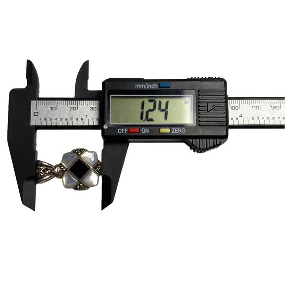 NF 925 Sterling Silver Onyx Mother of Pearl Marcasite Pendant - Picture 11 of 12